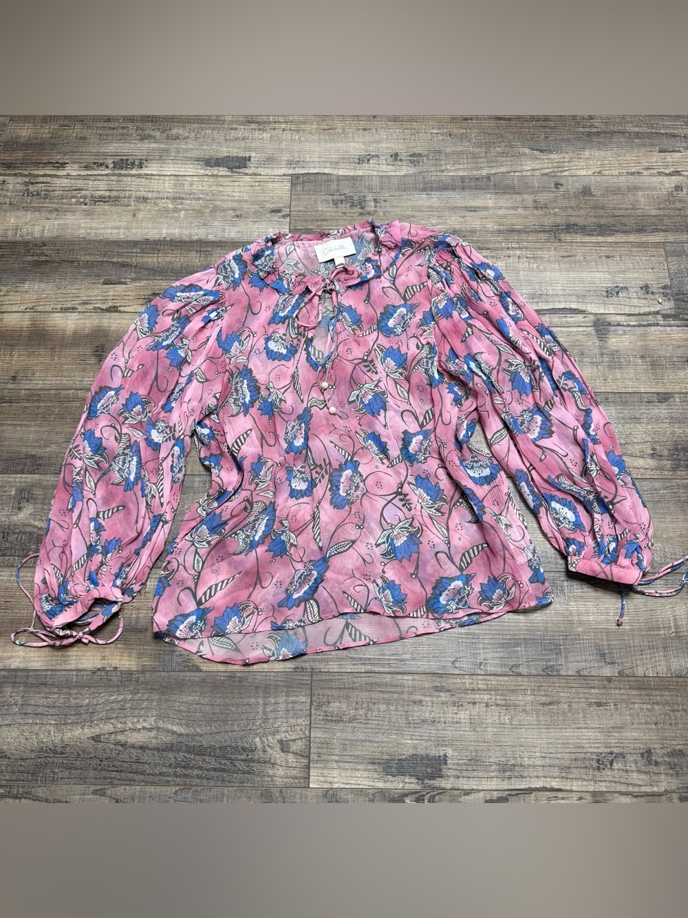 Cleobella Floral Pink Blouse Blue Accents Drawstring Neck Women XS